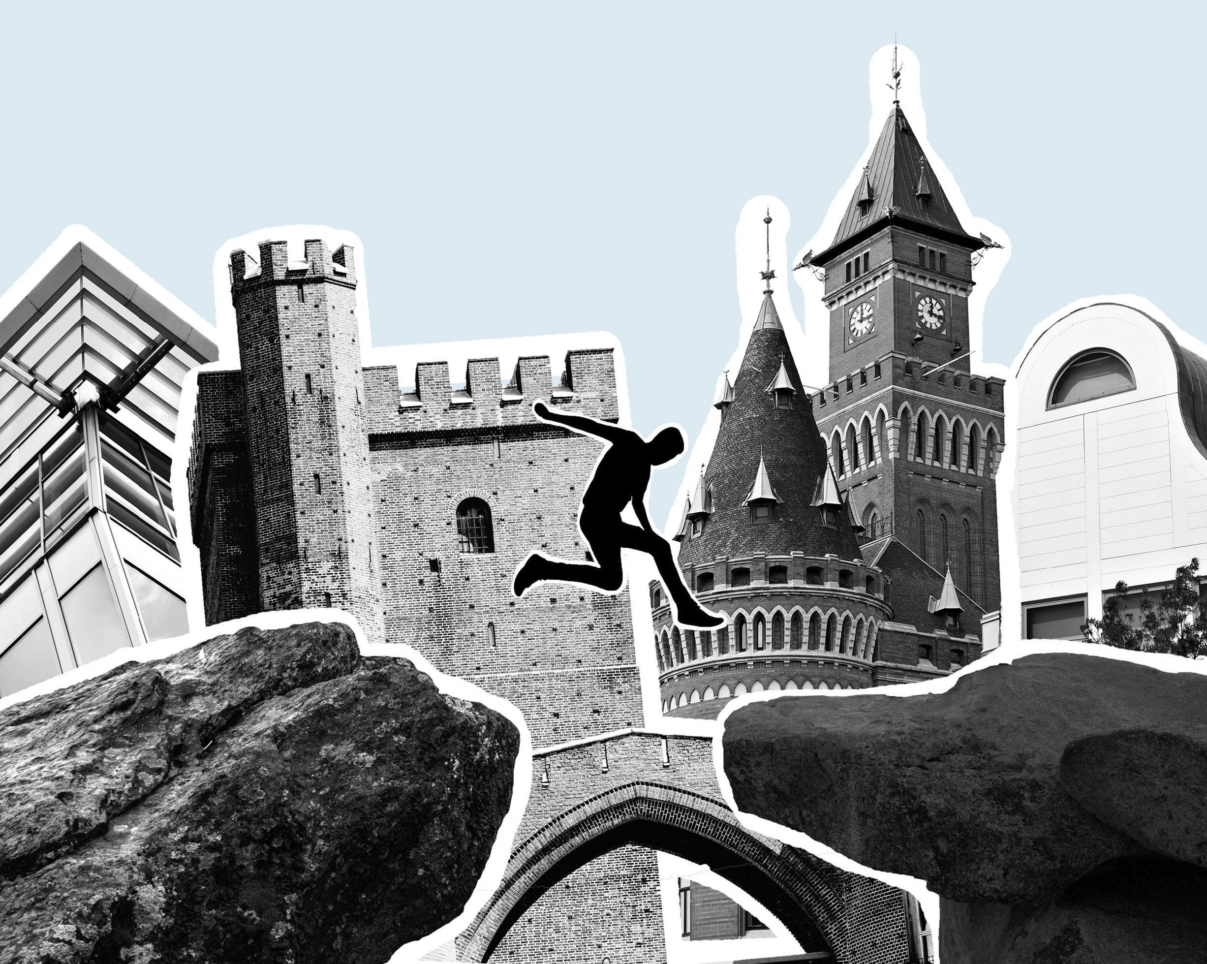 Kollage av hus och konturerna av en människa. Illustration. 